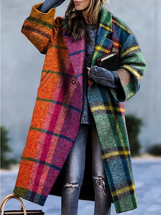 2024 New Women's Tweed Contrast Color Plaid Loose Fit  Winter Fashion Casual Trench Coat