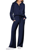 Women two-piece sweatshirt and wide-leg pants set by Plush Fashion Hub, featuring a comfortable and stylish casual outfit.