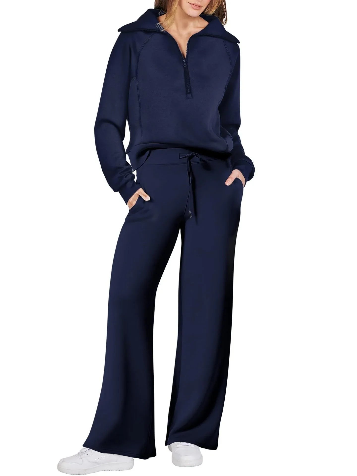 Women two-piece sweatshirt and wide-leg pants set by Plush Fashion Hub, featuring a comfortable and stylish casual outfit.