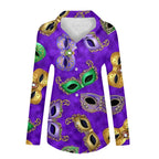 Mardi Gras women's V-neck long sleeve carnival print shirt by FitiqueFit, featuring colorful festive design and casual fit.