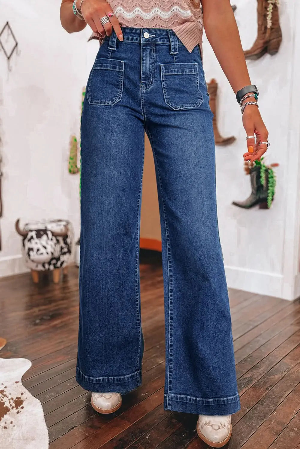 Sail Blue High Waist Wide Leg Jeans With Patch Pockets Gilded Glamour Shop