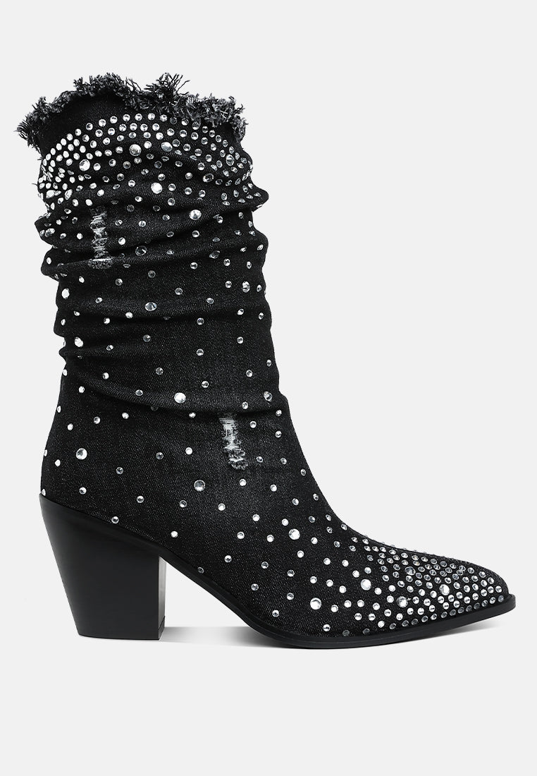 Black denim boots with diamanté and rhinestone embellishments from London Rag Savant collection, featuring a stylish ankle-high design.