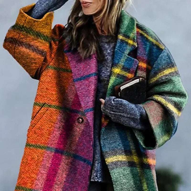 2024 New Women's Tweed Contrast Color Plaid Loose Fit  Winter Fashion Casual Trench Coat - Plush Fashion Shop #