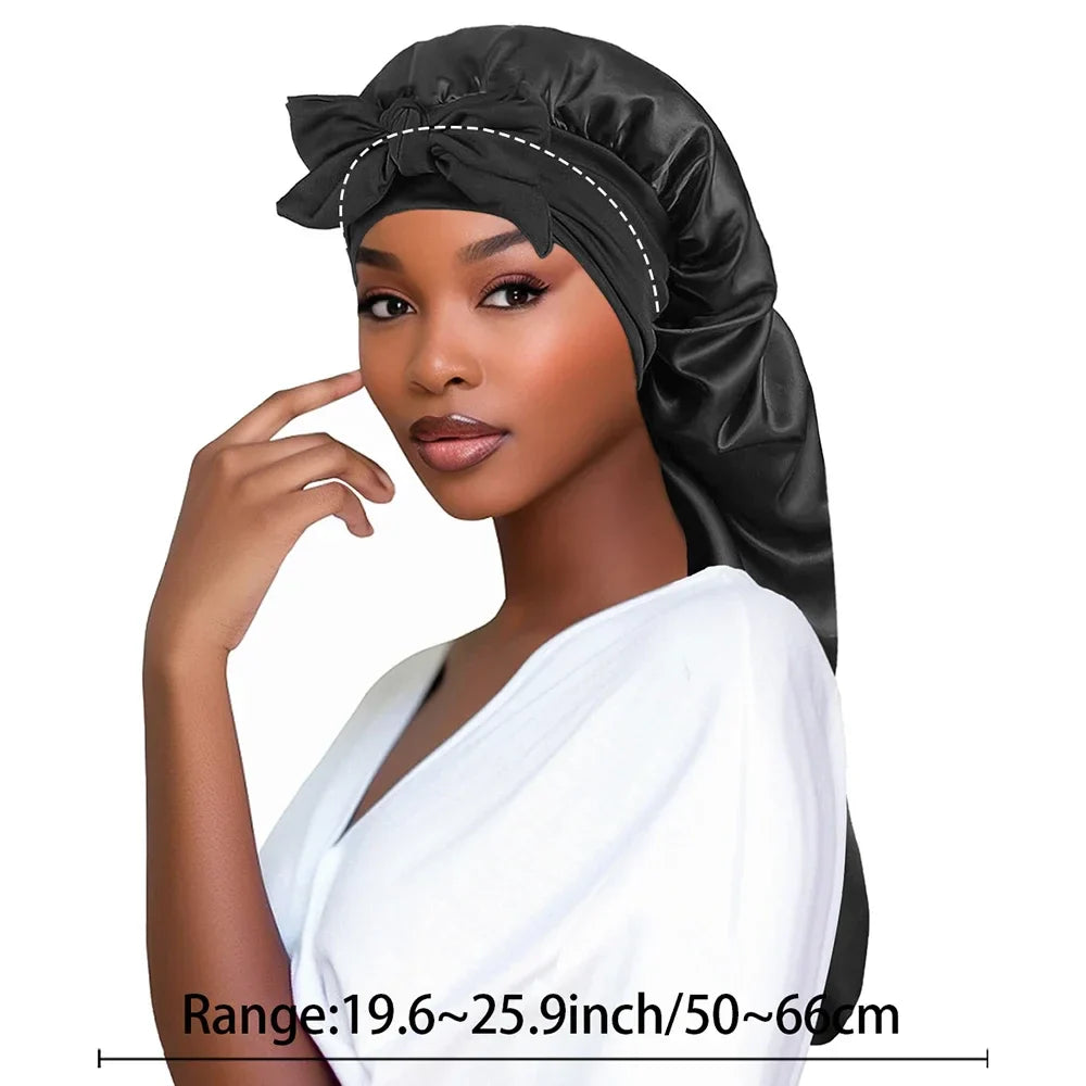 Women satin sleep bonnet with long tail braid cover, plush fashion hub night cap for braids, shower, sauna, and bathing.