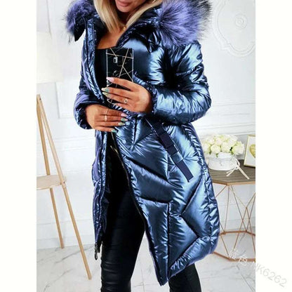 Ladies Mid-Length Zipper Trendi Glossy Parkas Outwear Big Fur Collar Slim Fit Thermal  Coat - Plush Fashion Shop #