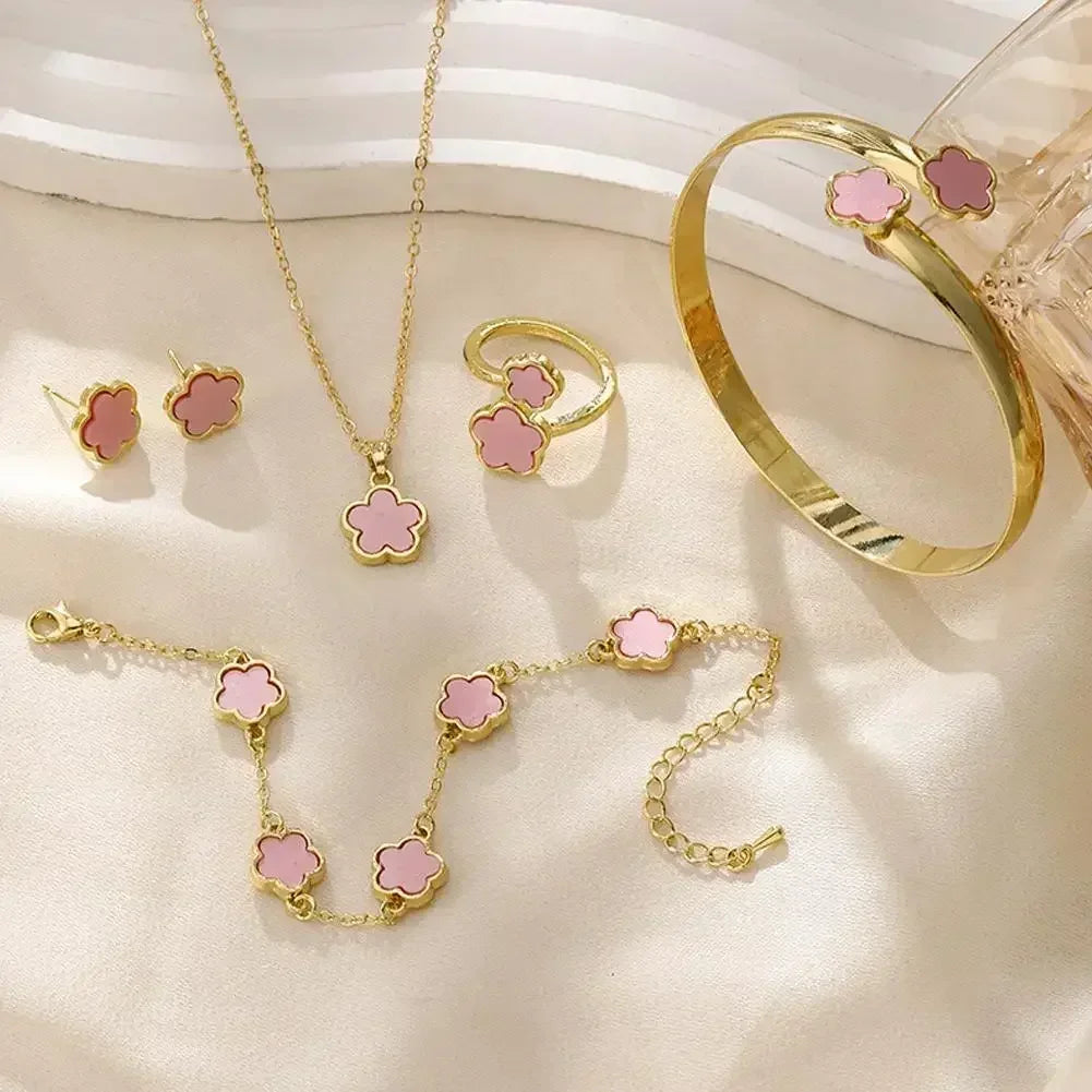 Plum blossom plant five-leaf necklace and earring set by Plush Fashion Hub, featuring floral jewelry with five-leaf design.