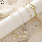 Plum Blossom Plant five leaf necklace and earring set in gold-tone jewelry, featuring floral design with five-piece set.