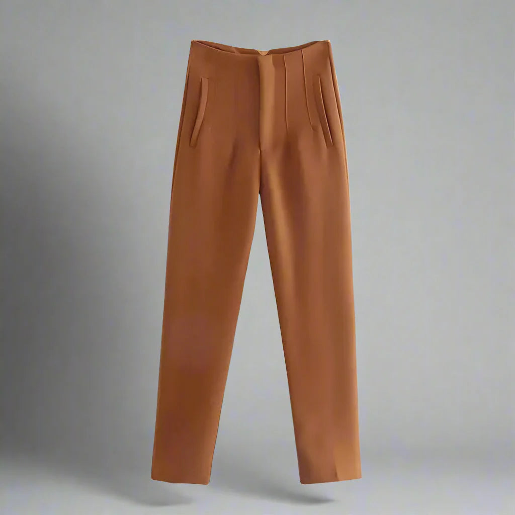 Women’s high waist slim casual trousers by Plush Fashion Hub, showing the fitted, stylish design in a neutral color.