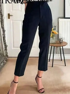 Women’s high waist slim casual trousers by Plush Fashion Hub, shown in a neutral color with a close-up of the fit and fabric detail.