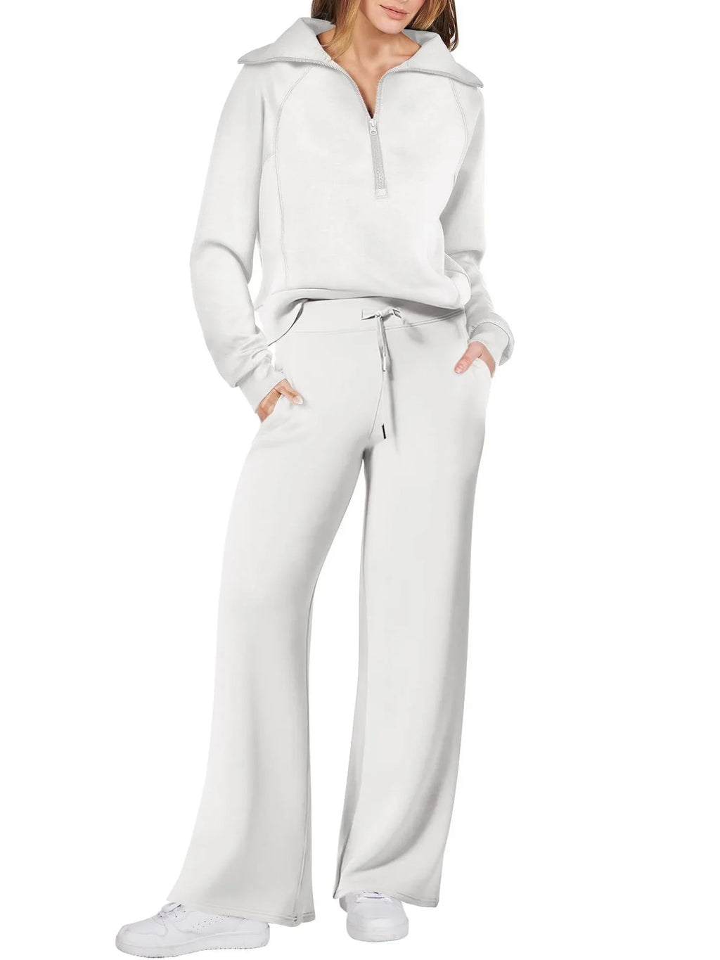 Women two-piece sweatshirt and wide-leg pants set by Plush Fashion Hub, featuring a casual, comfortable matching outfit for women.