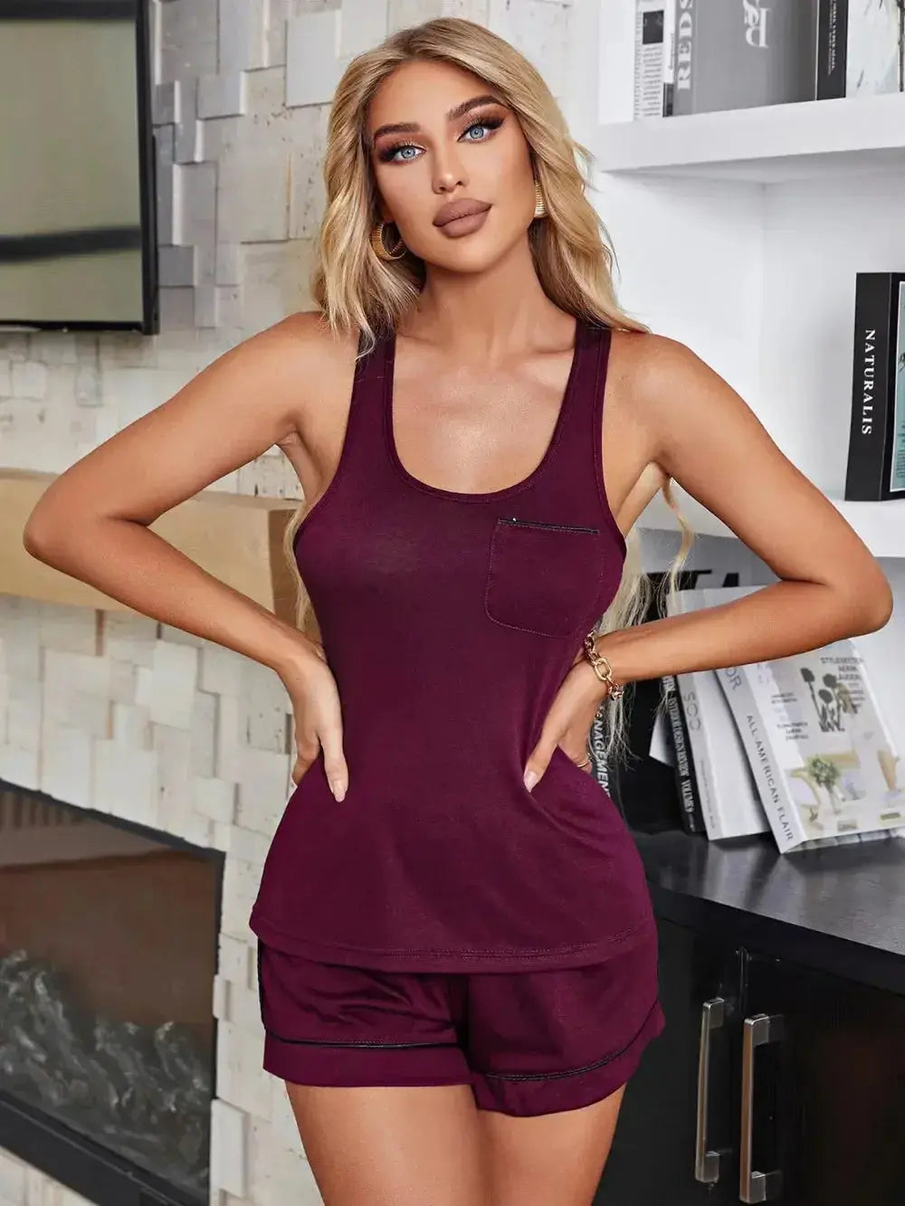 Soft scoop neck tank top and shorts lounge set from Plush Fashion Hub, cozy two-piece pajama sleepwear for relaxed nights.