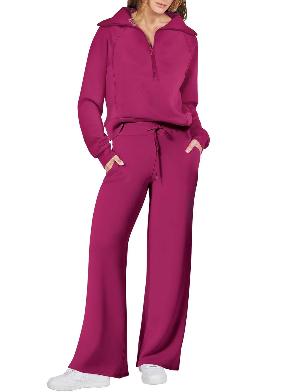 Women’s two-piece sweatshirt and wide-leg pants set from Plush Fashion Hub, casual loungewear with comfortable fit.