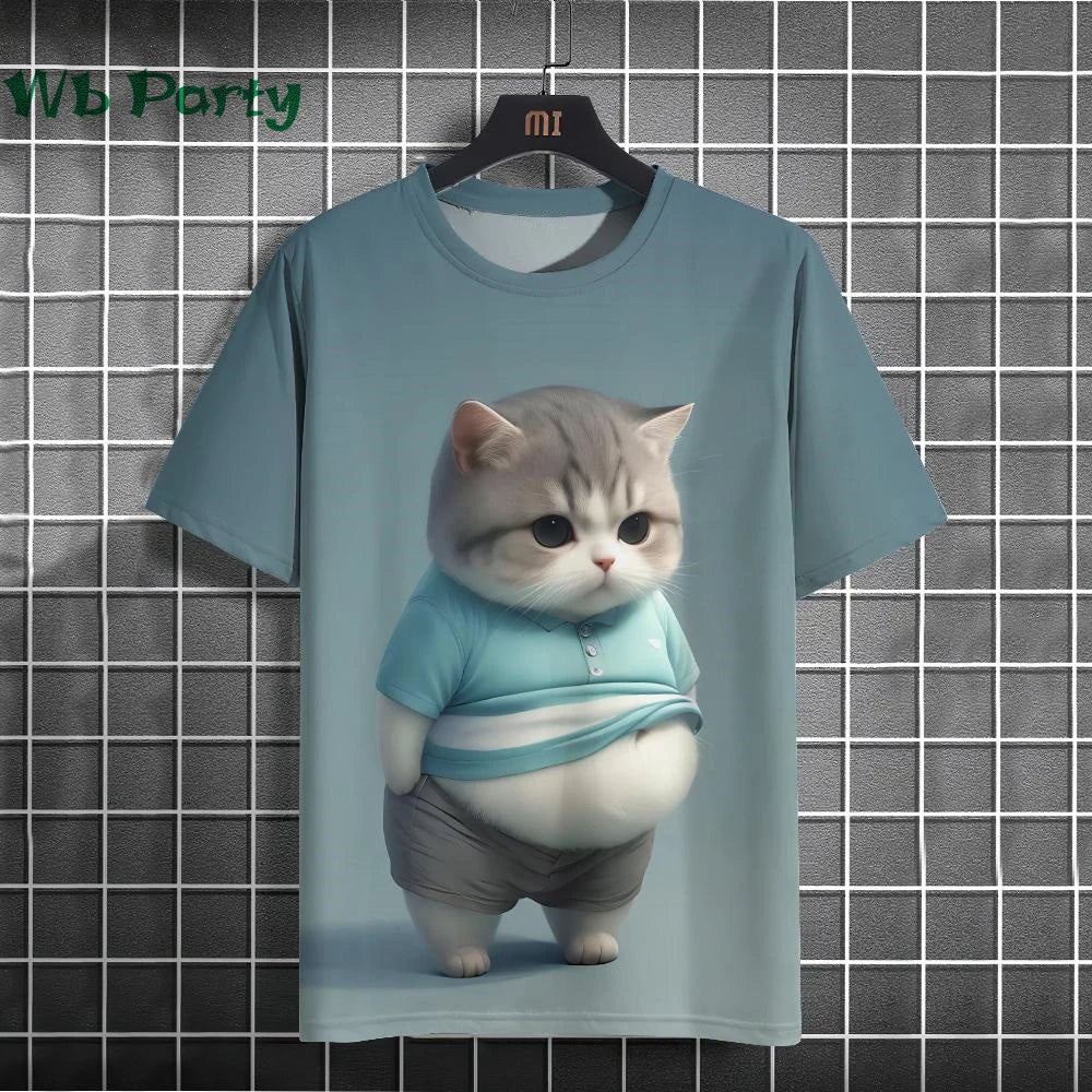 Streetwear Cat Print T-shirt by Plush Fashion Hub featuring colorful Y2K graphic design on a casual shirt.