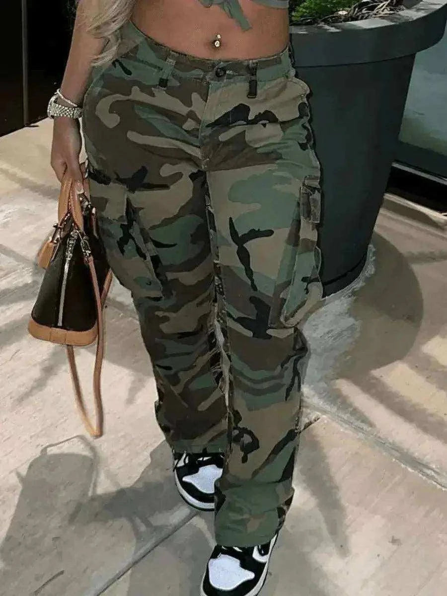 Camo Print Side Pocket Cargo Pants For WomenBe bold and confident with these Camo Print Side Pocket Cargo Pants for Women! Designed with a camouflage print and side pockets, these pants are both stylish and fuPantsPlush Fashions ShopPlush Fashion Shop