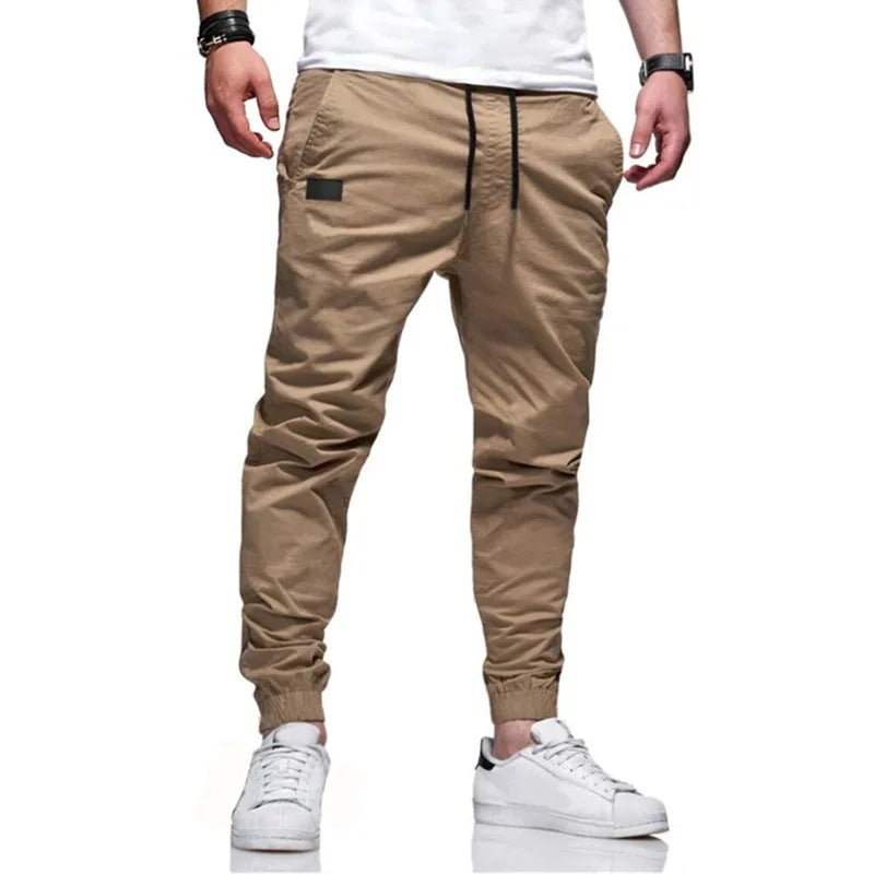 Men Cargo Pant Long Pants Solid Straight Trousers Lace Up Elastic Waist Slim Fit Pocket Splice Casual Drawstring Autumn.