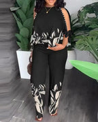Plus size women’s two-piece outfit with short sleeves by Plush Fashion Hub, featuring a fashionable, comfortable matching set.