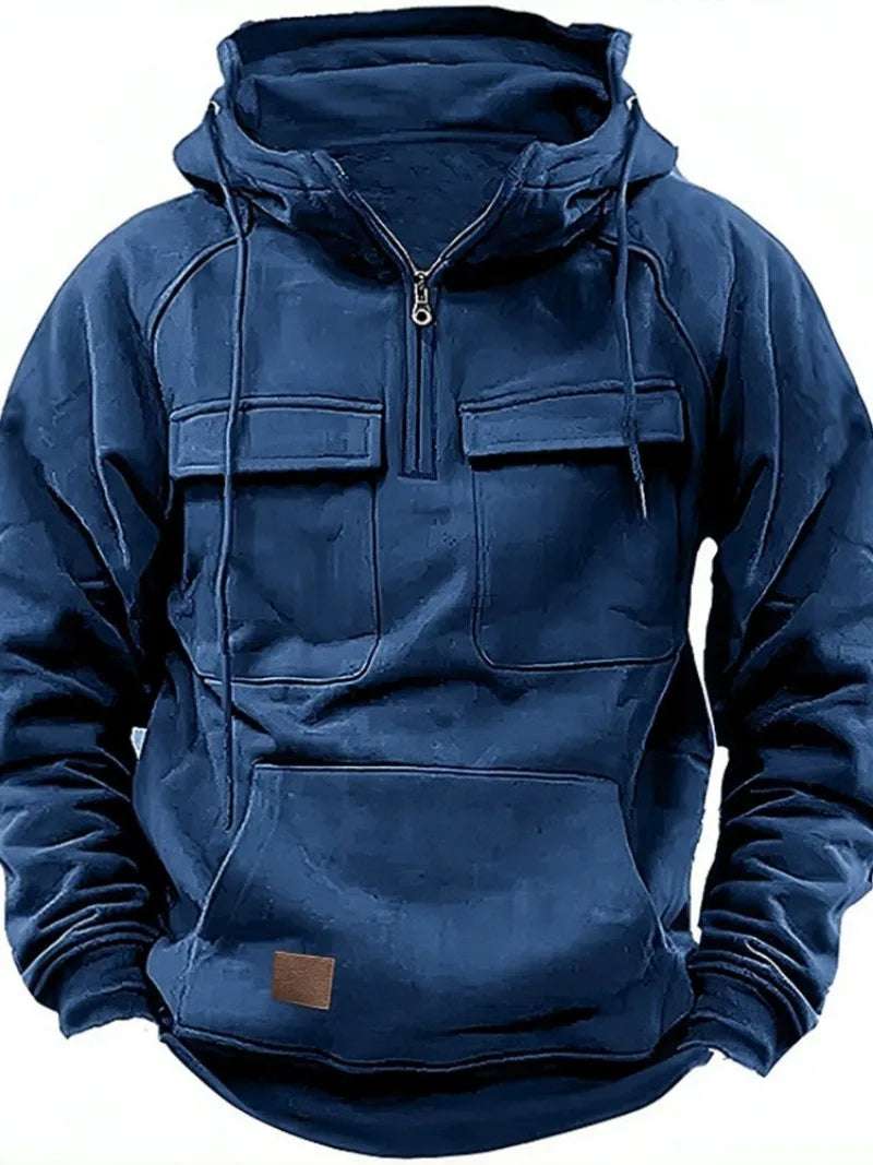 New Men's Hooded Solid Color Multi Pocket Patch Hoodie - Plush Fashion Shop #