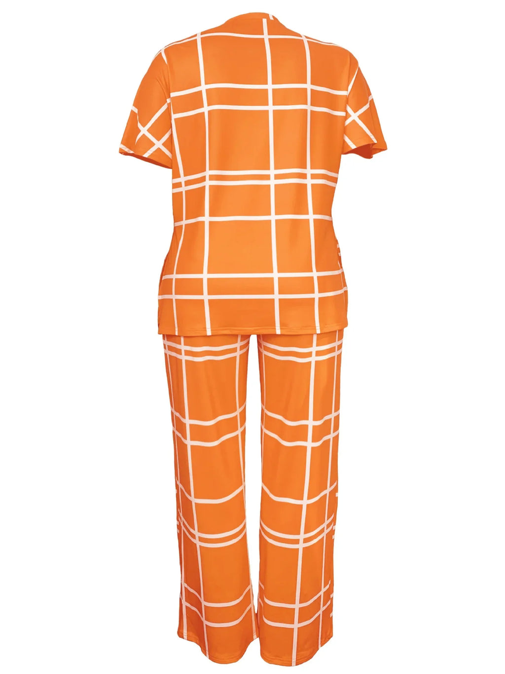Plus size women's two-piece casual outfit by Plush Fashion Hub with striped grid print and round neck design.