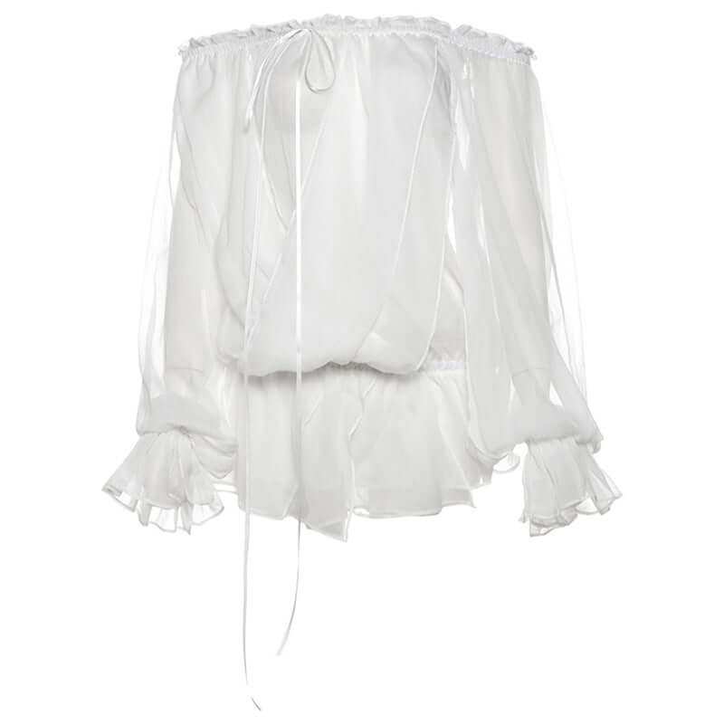 See-through Pure Desire flared sleeves top in white with elegant bell sleeves.