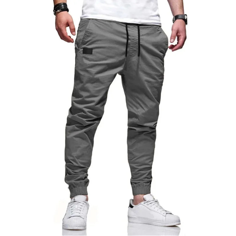 Men Cargo Long Solid Straight  Lace Up Elastic Waist Slim Fit Casual Drawstring Pants - Plush Fashion Shop #