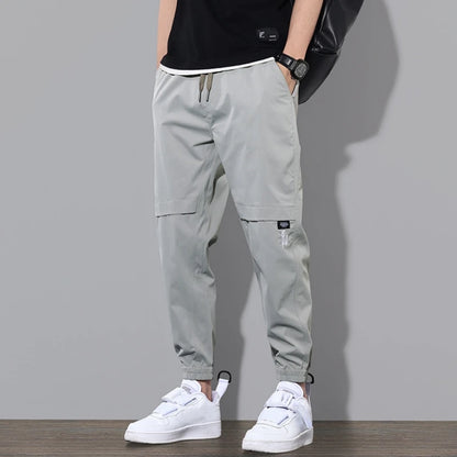 Men Pants Solid Color Elastic Waist Men Trousers Drawstring Ankle-banded Cargo Pants For Daily Wear Casual - Plush Fashion Shop #