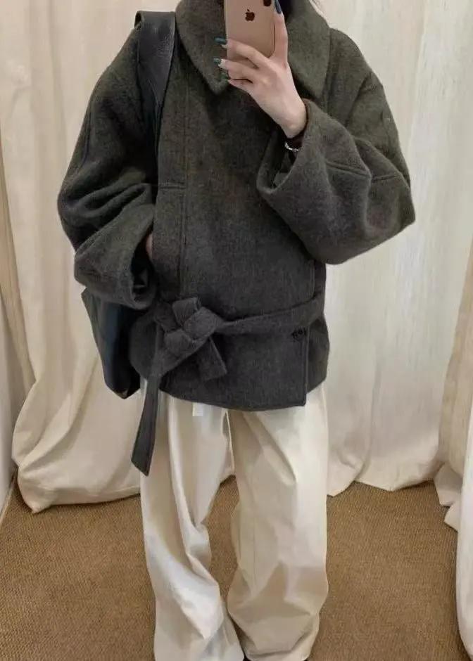 Short Stand-up Collar Wool Tie Coat Plush Fashion Hub