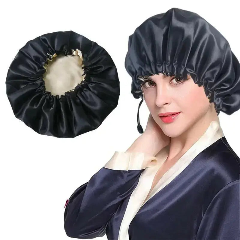 Soft silk satin dual-use hair bonnet and shower cap for scalp protection, designed by Plush Fashion Hub.