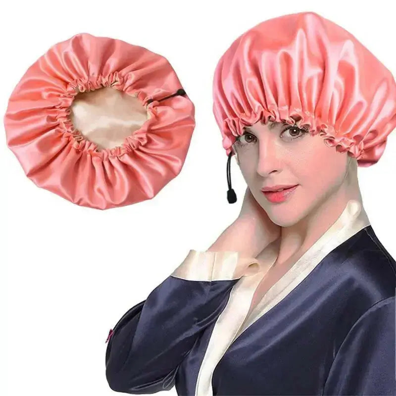Soft silk satin dual-use hair bonnet and shower cap by Plush Fashion Hub, designed for scalp protection and comfortable wear.