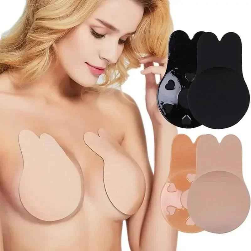 Silicone Adhesive Push-Up Bra with Reusable Breast Lift Tape in nude and black, featuring bio-adhesive material for secure hold.