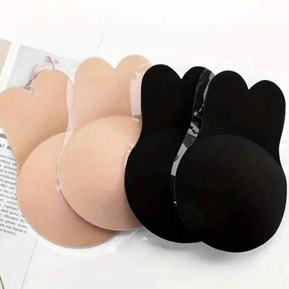 Silicone adhesive push-up bra with reusable breast lift tape in nude and black colors.