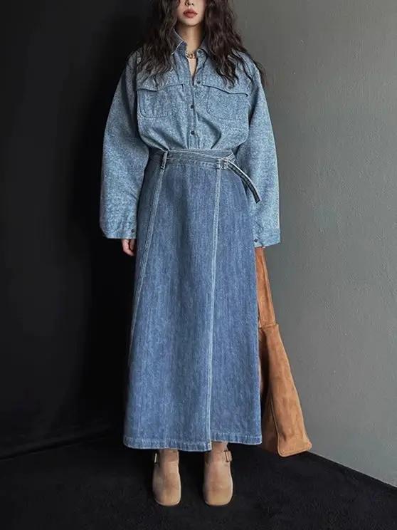 Single-Breasted Long-Sleeved Shirt + High-Waisted Irregular Denim Skirt Set Plush Fashion Hub