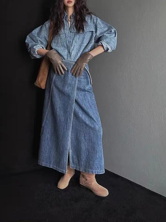 Single-Breasted Long-Sleeved Shirt + High-Waisted Irregular Denim Skirt Set Plush Fashion Hub