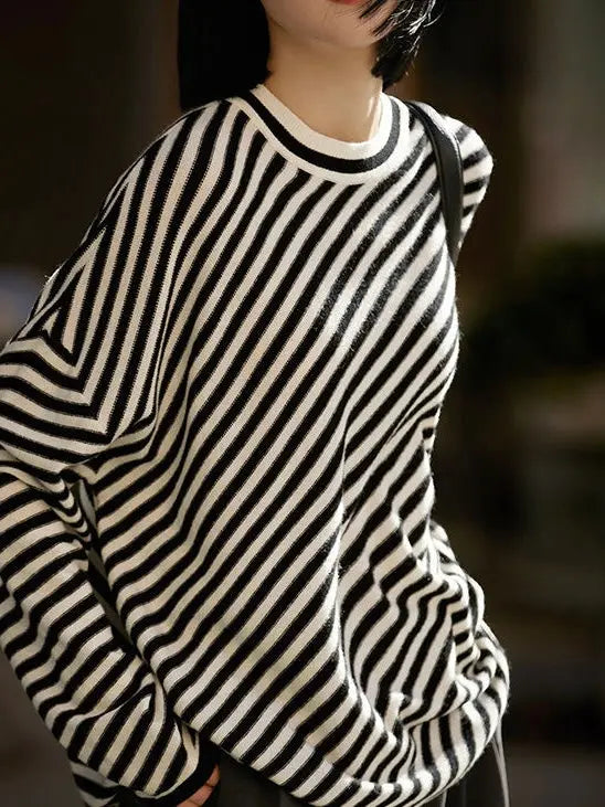 Slanted Black White Striped Loose Sweater Plush Fashion Hub
