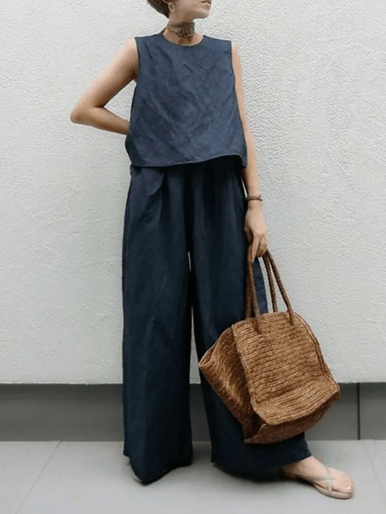 Sleeveless Linen Vest & wide-leg Trousers Sets Plush Fashion Hub
