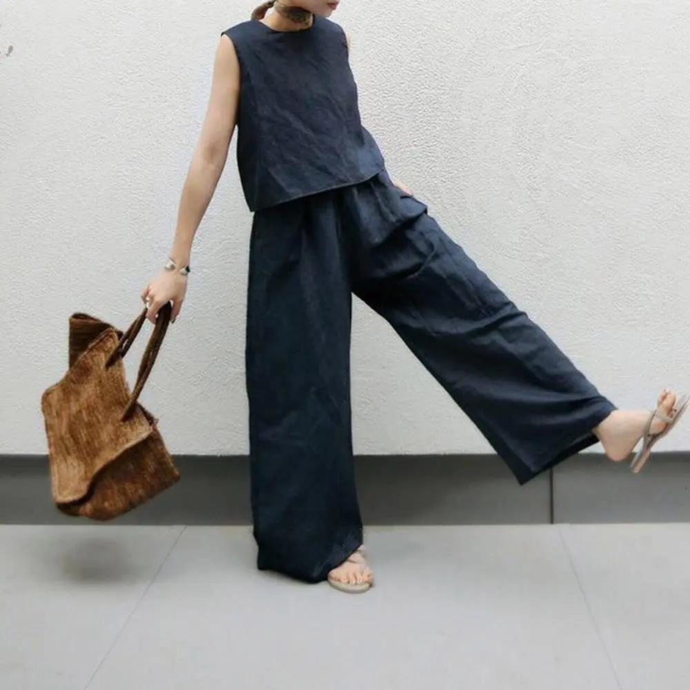 Sleeveless Linen Vest & wide-leg Trousers Sets Plush Fashion Hub