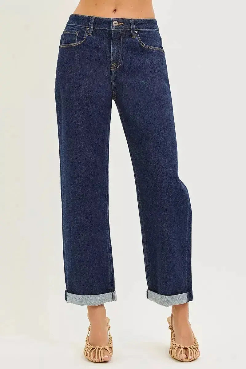 Slouchy cropped boyfriend jeans with cuffed hem from Plush Fashion Hub, casual denim with relaxed fit and rolled cuffs.