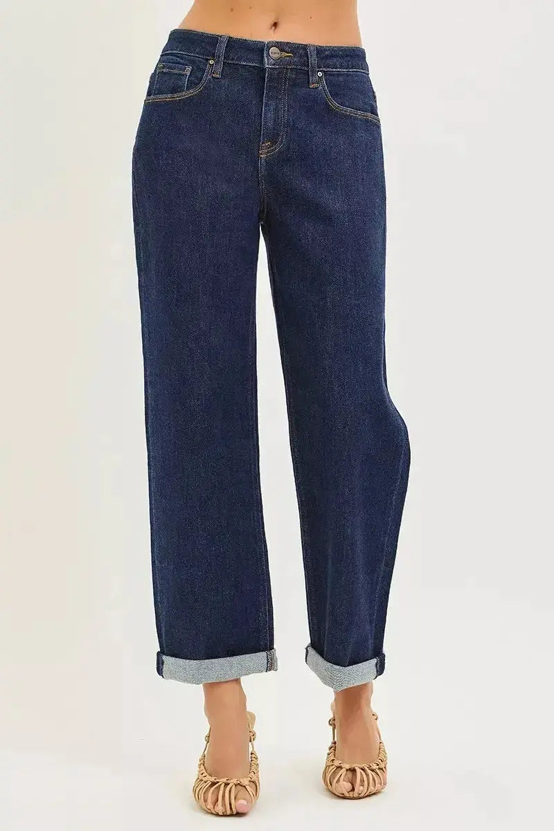 Slouchy cropped boyfriend jeans with cuffed hem from Plush Fashion Hub, casual denim style with relaxed fit.