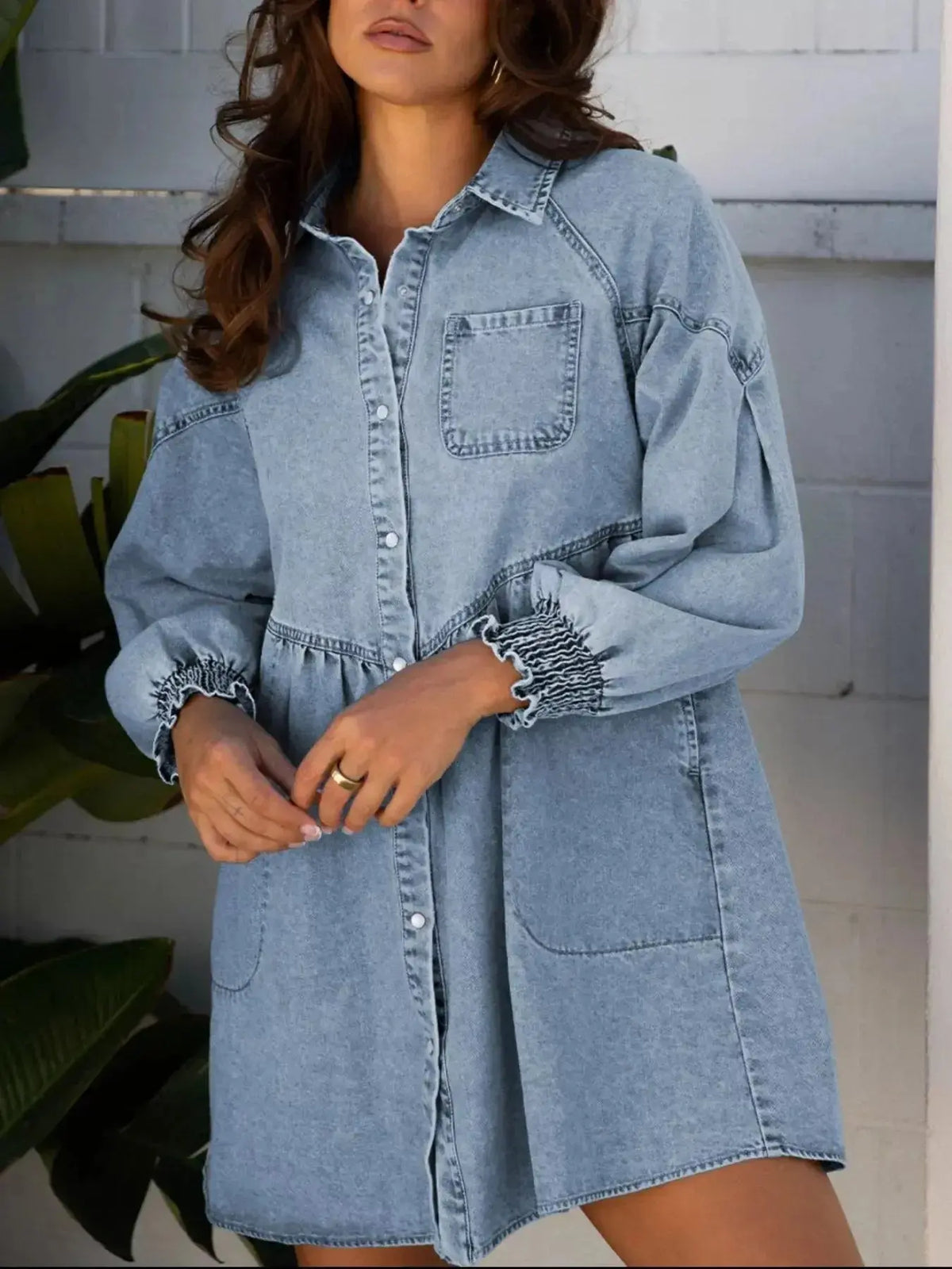 Plush Fashion Hub smocked cuff flared denim shirt mini dress with casual button-down style, perfect for a trendy, relaxed look.