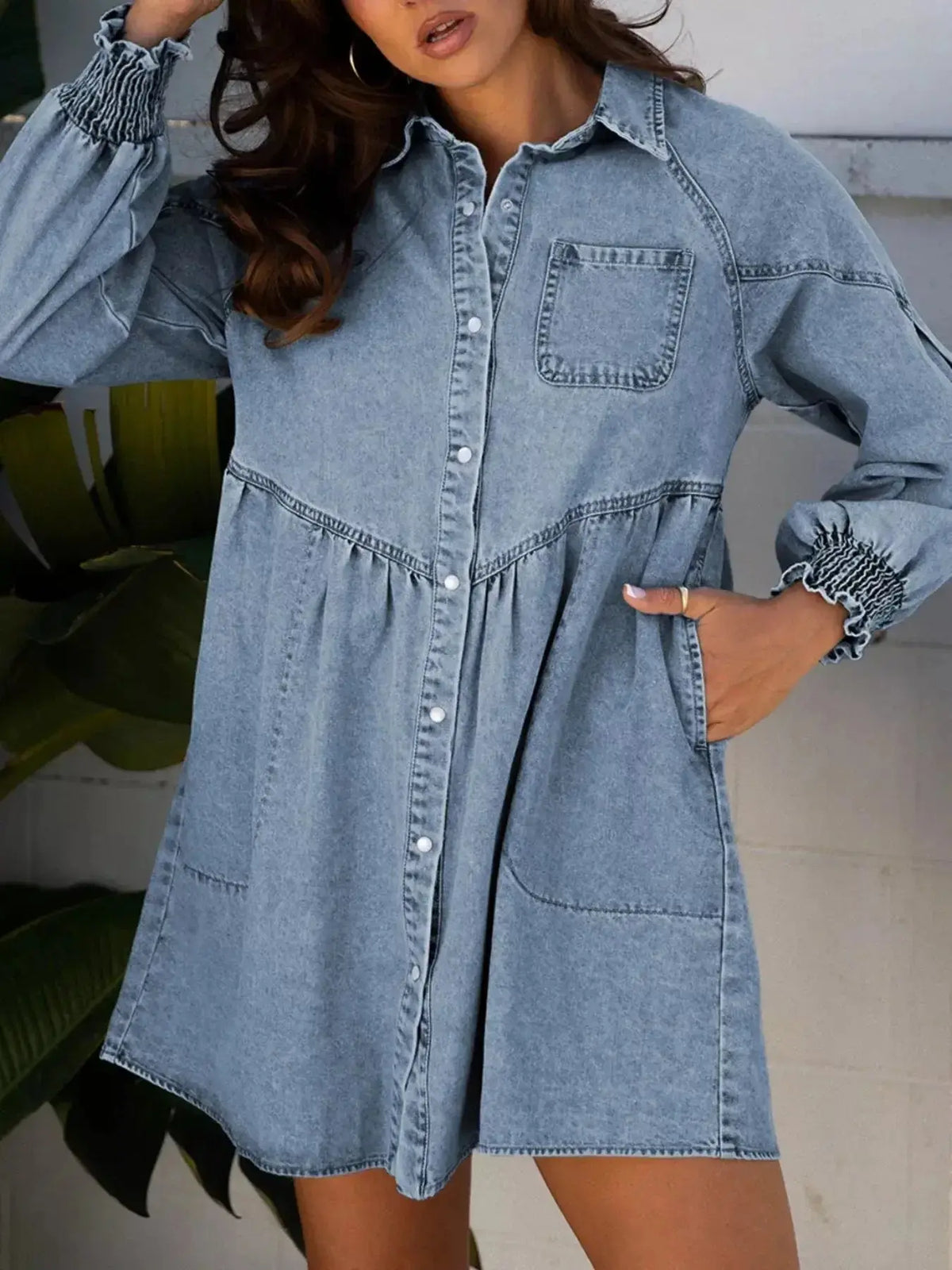 Plush Fashion Hub denim mini dress with smocked cuffs, flared silhouette, casual button-down style, perfect for everyday wear.