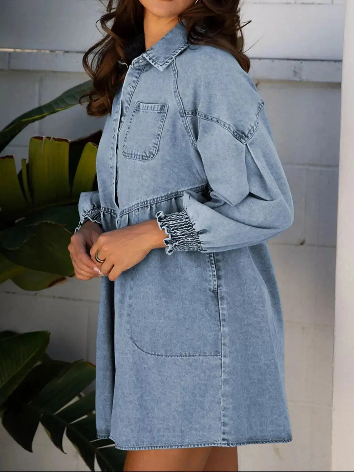 Plush Fashion Hub denim mini dress with smocked cuffs, flared silhouette, casual button-down style, perfect for trendy everyday wear.