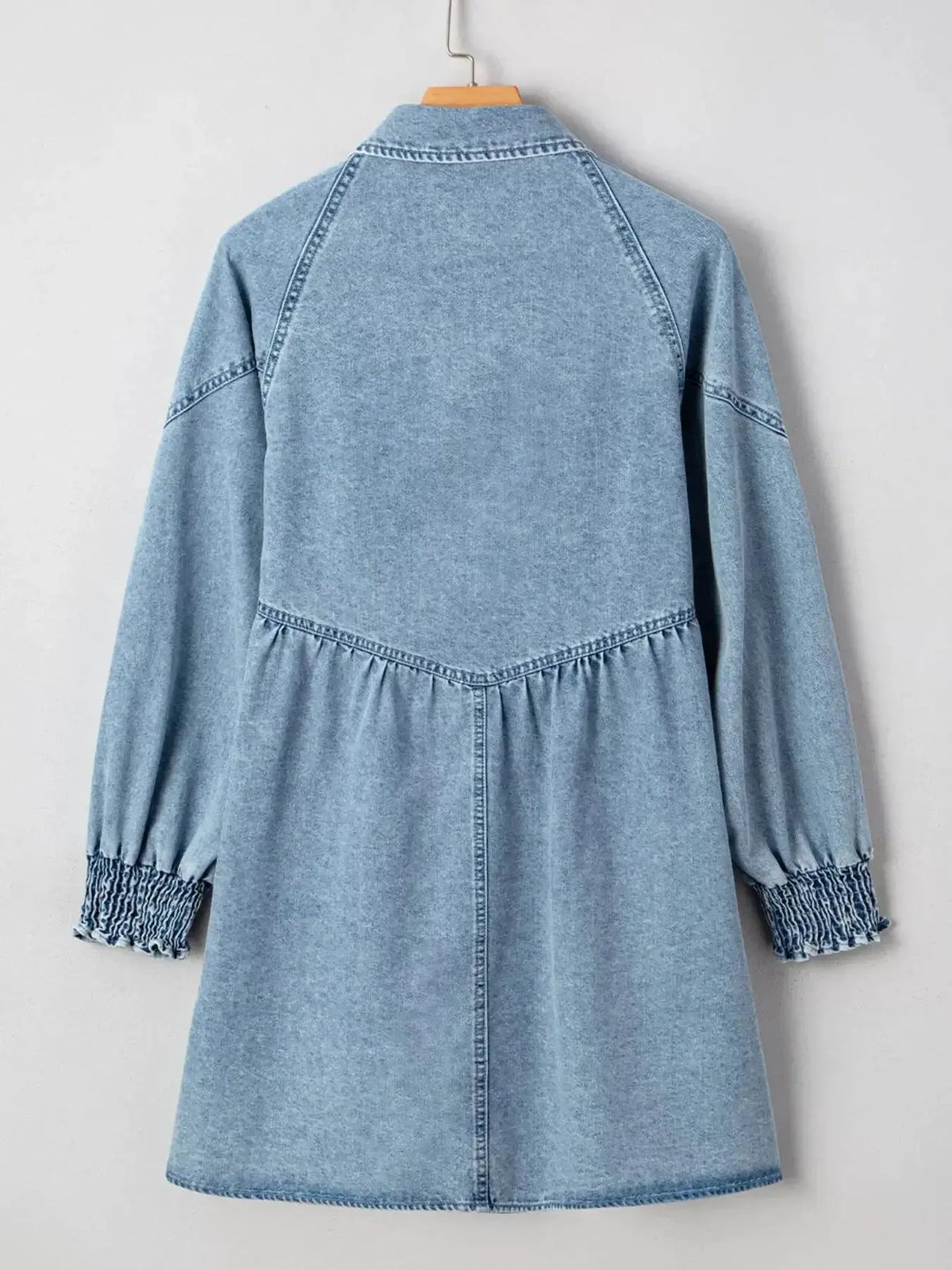 Plush Fashion Hub smocked cuff flared denim shirt mini dress with casual button-down design, perfect for a relaxed, stylish look.