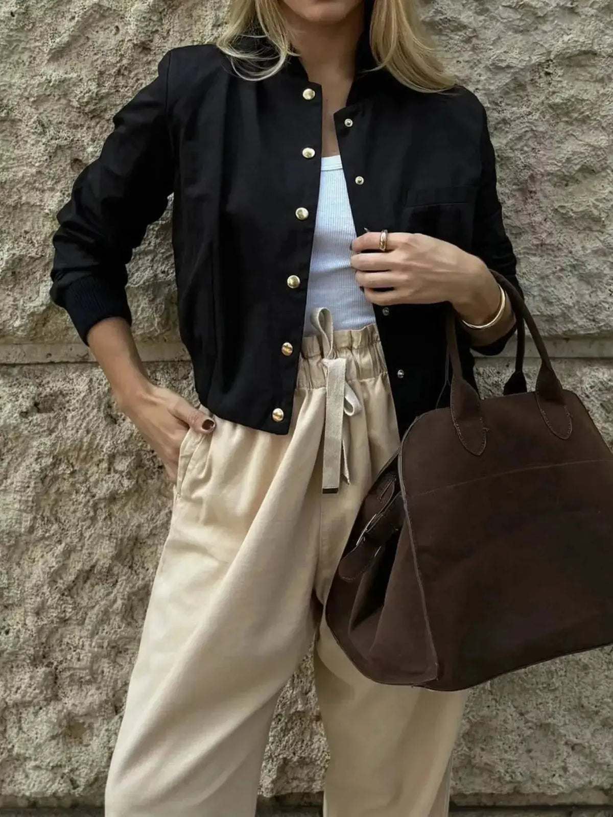 Women’s lightweight cropped bomber jacket with snap buttons from Plush Fashion Hub, shown in a stylish outerwear design.