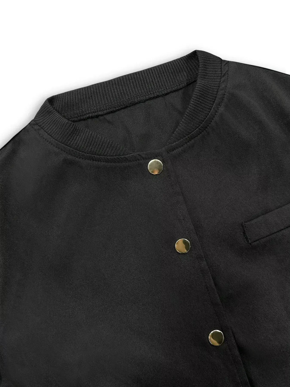 Women’s lightweight cropped bomber jacket with snap buttons, stylish outerwear by Plush Fashion Hub, shown in the image.