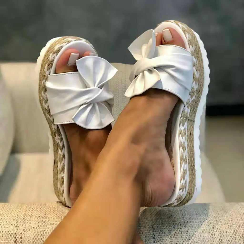 Women’s ladies bow sandals with platform wedge heel, stylish and comfortable summer footwear by Trendy Attic Store01.