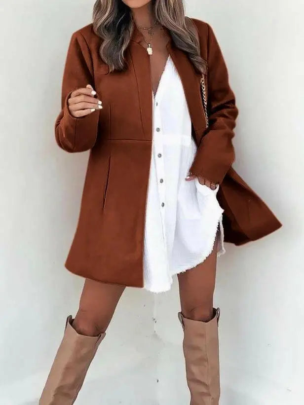 Solid Color Long Sleeve Pocket Woolen Women's Coat - Plush Fashion Hub