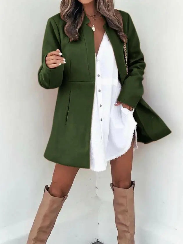Solid Color Long Sleeve Pocket Woolen Women's Coat - Plush Fashion Hub