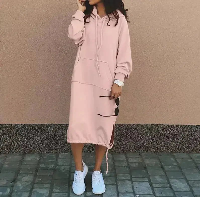Women’s oversized long sleeve hooded sweatshirt by Plush Fashion Hub featuring a solid color, drawstring hood, and cozy fit.