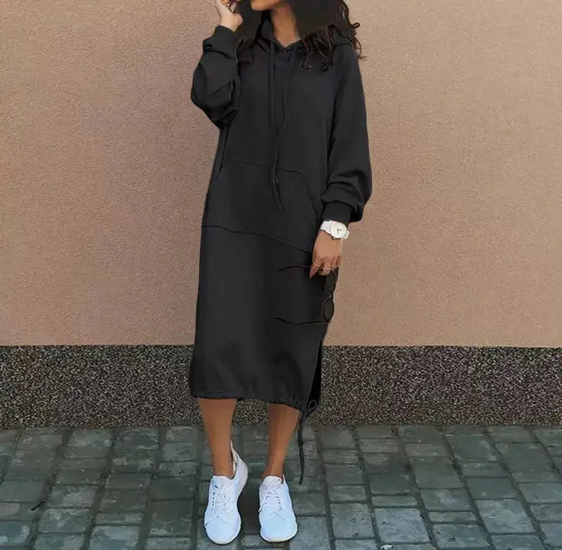 Solid color women's long sleeve hooded sweatshirt by Plush Fashion Hub, oversized pullover tunic top with drawstring hood.