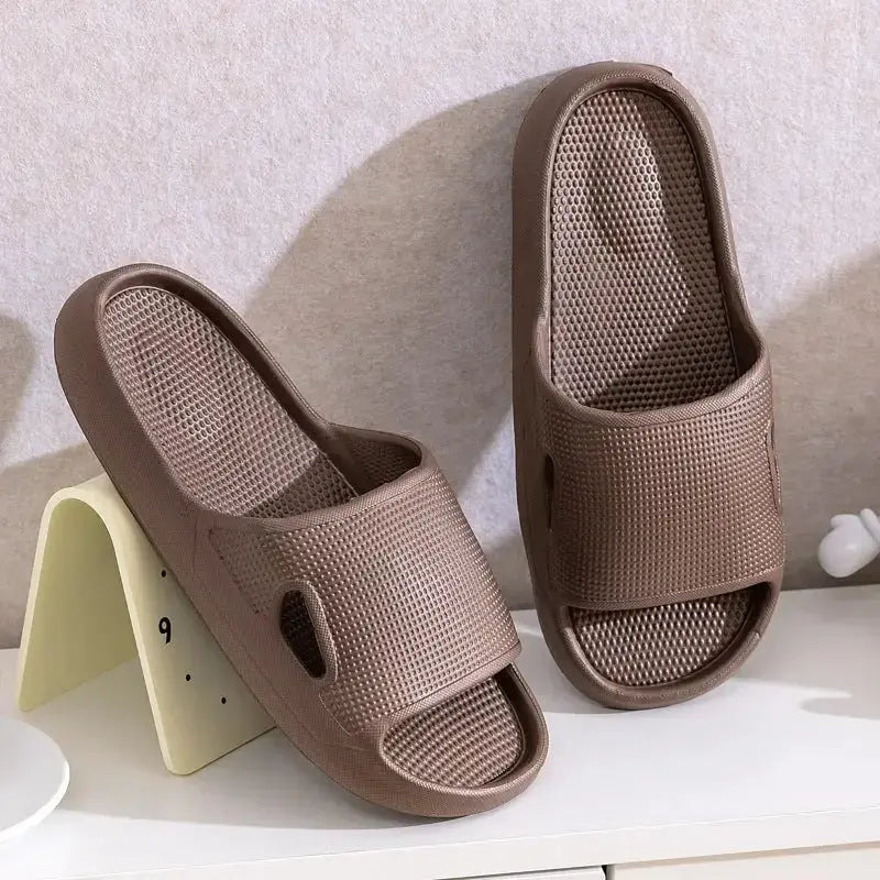 Unisex plush fashion hub thick sole non-slip EVA bathroom slippers, solid color indoor slides with cushioned bottom for comfort.