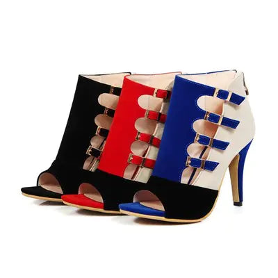 Women's color-block buckle peep-toe high heels from Trendy Attic Store01, featuring a stylish design and high heel for elegant wear.